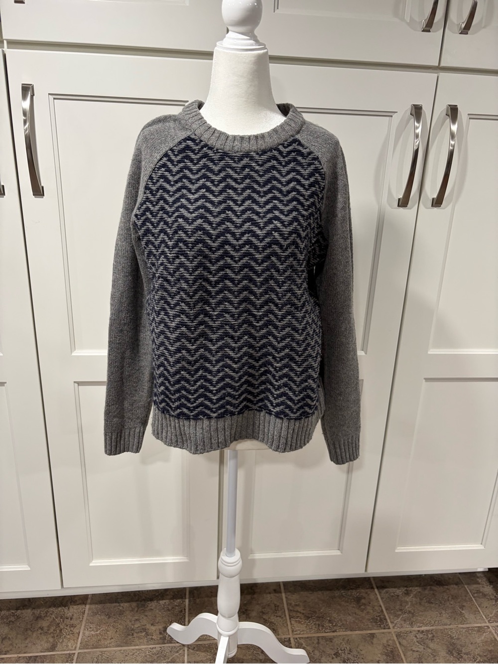 Madewell Gray and Navy Chevron Crewneck Sweater